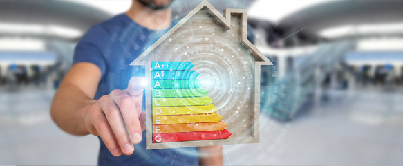 Wall Mural - businessman using 3d rendering energy rating chart in a wooden house