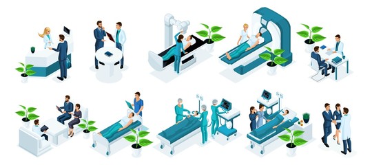 Poster - isometrics set of observation concepts in the hospital, examination of the patient, diagnosis of dis