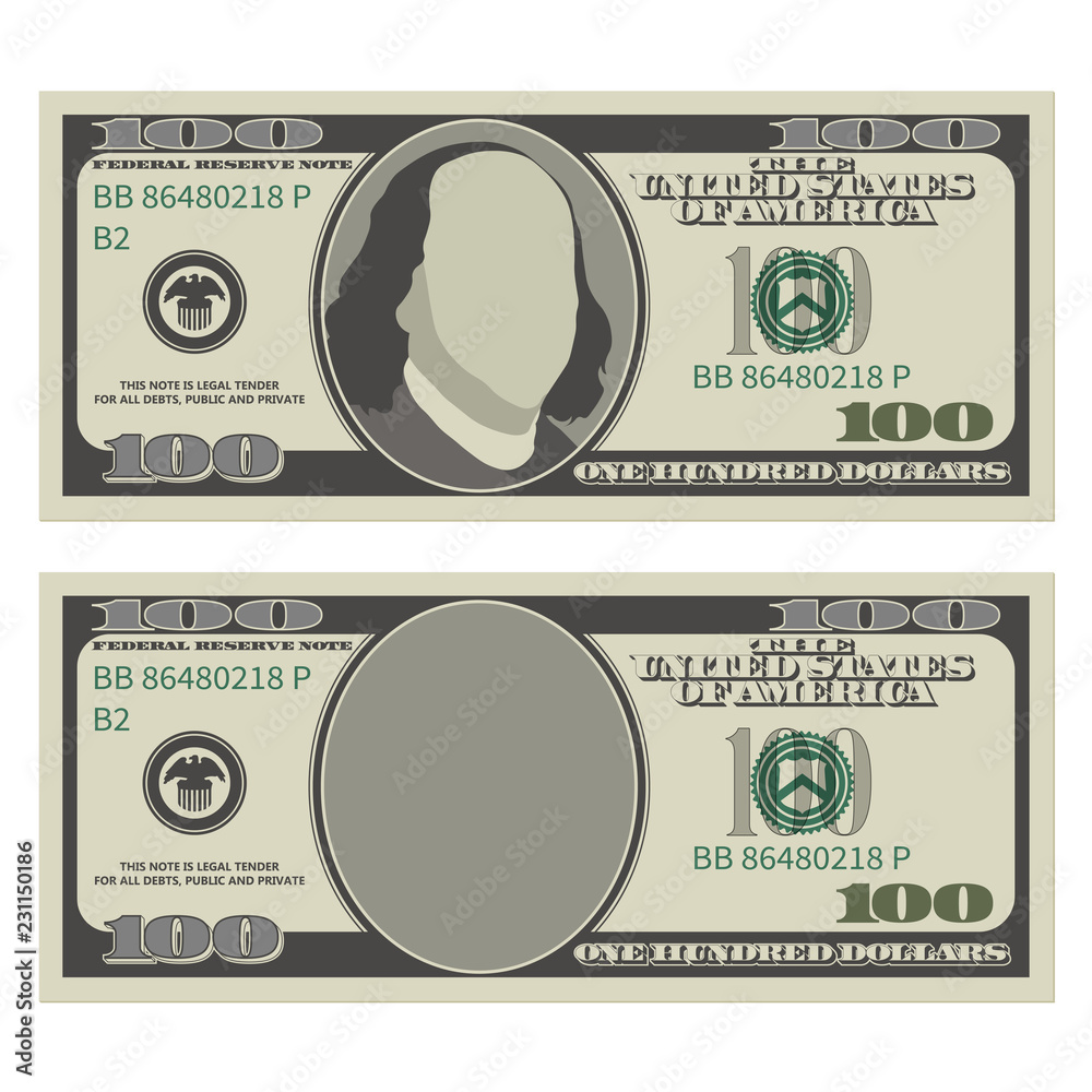 One hundred dollar bill design template. 100 dollars banknote, front side  with and without president Franklin. Vector illustration isolated on white  background の Stock ベクター | Adobe Stock