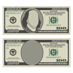 One hundred dollar bill design template. 100 dollars banknote, front side with and without president Franklin. Vector illustration isolated on white background