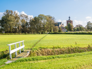 Wall Mural - Polder landscape with pasture and Great Church of Workum, Friesland, Netherlands