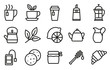 Tea vector icons set. Contains icons cup, tea, sugar, milk, croissant, cookies, tea leaves, jam, honey, lemon, teapot. 48x48 pixel