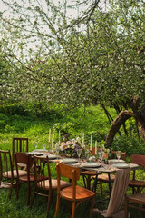 wedding decorated table, decor wedding dinner in nature in the garden