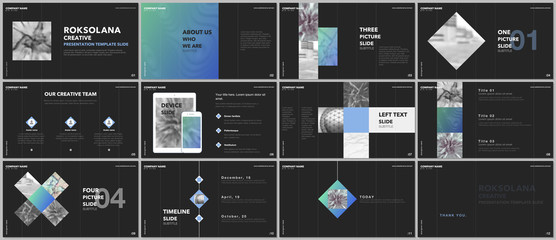 Wall Mural - Minimal presentations design, portfolio vector templates with elements on black background. Multipurpose template for presentation slide, flyer leaflet, brochure cover, report, marketing, advertising.