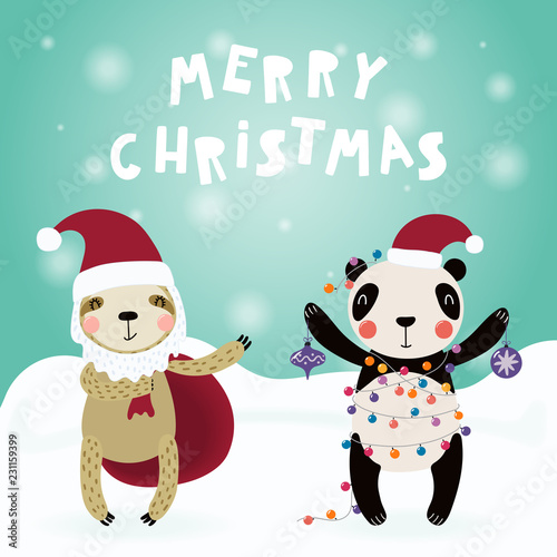 Hand drawn card with cute funny sloth, panda in Santa Claus hats, with sack, ...