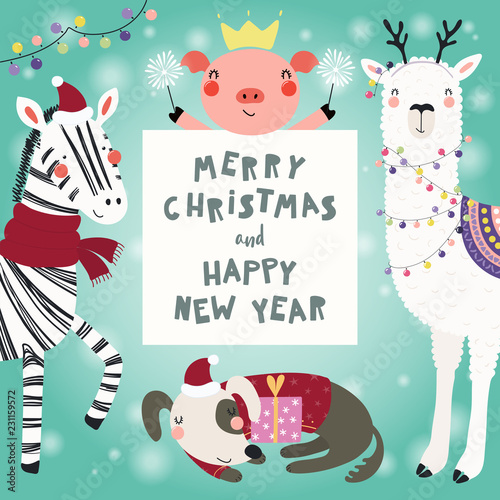 Hand drawn card with cute funny animals in Santa Claus hats, smowmen, text Me...