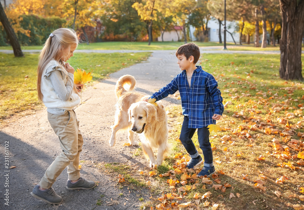 Cute children with dog in autumn park