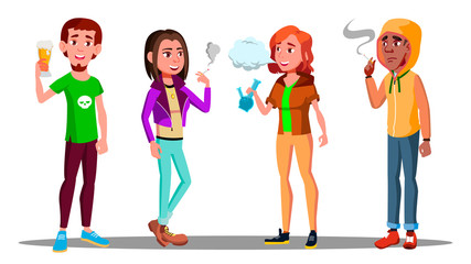 Difficult Teenagers - Alcohol, Cigarettes, Drugs Addiction Vector. Isolated Illustration