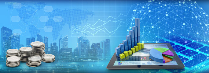 Fototapete - charts on tablet and coins in cityscape blue background