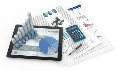 Fototapete - charts, tablet and financial documents isolated on white background