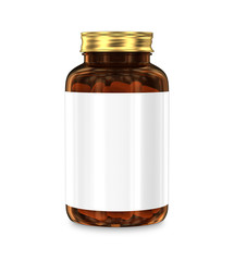 Wall Mural - Glass bottle full of supplement capsules. Blank 3D container mockup