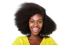 Close Up Happy Young African American Woman With Afro Hair Laughing Against Isolated White Background