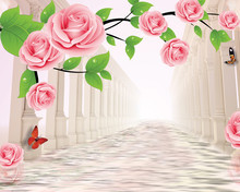 Light Background, Large Pink Roses On A Branch, Two Rows Of Columns Stand In The Water, Colorful Butterflies Fly