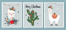Christmas Cards Collection With Cute Llama, Hand Lettering And Seasonal Elements