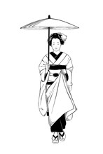 Vector Engraved Style Illustration For Posters, Decoration And Print. Hand Drawn Sketch Of Japanese Geisha Isolated On White Background. Detailed Vintage Etching Drawing.