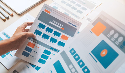 Poster - Website designer Creative planning application developer development draft sketch drawing template layout prototype framework wireframe design studio . User experience concept .