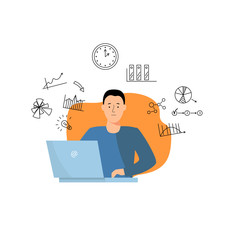 Vector illustration, an office worker or a manager is working on laptop.  Flat and line styles vector illustration.