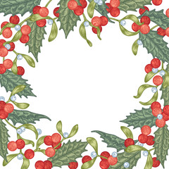 Wall Mural - Round wreath of detailed holly berry and mistletoe branches