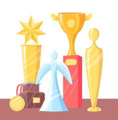 Wall Mural - winner gold and glass trophy on table flat poster