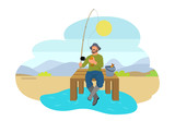 Fototapeta Psy - Fisherman with Fishing Rod and Fish Vector Icon