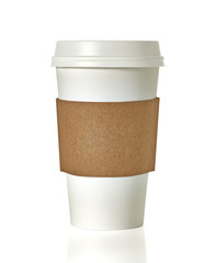 Coffee in white blank with craft sleeve closed take away cup isolated on white background including clipping path