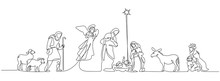 Continuous One Line Drawing. Bible Merry Christmas Scene Of Holy Family. Vector Illustration
