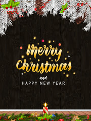 Wall Mural - christmas greeting card with fir branches, pine cones, holly, and string lights. merry christmas bac
