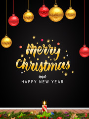 Wall Mural - christmas greeting card with fir branches, pine cones, holly, and string lights. merry christmas bac