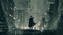 Film Noir Concept Showing The Detective Holding A Gun To His Head And Standing On Roof Top At Rainy Night, Digital Art Style, Illustration Painting