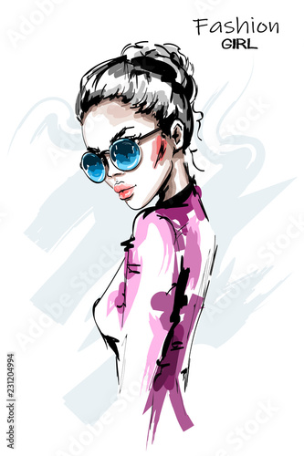 Hand Drawn Beautiful Young Woman In Sunglasses Stylish