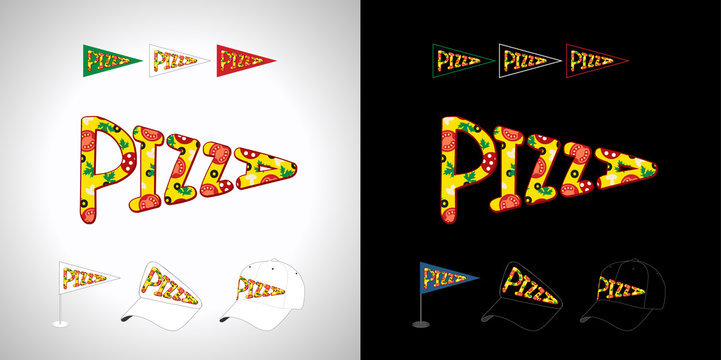Pizza logotype concept. Black and white background, creative inscription. Decorative special typescript. Business bright advertising idea. Isolated abstract graphic design template. Pizzeria arrow.