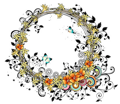 Orange and yellow flowers with design element