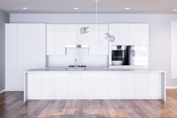 New kitchen interior with wooden floor and white color cabinets 3d render