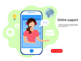 Poster - Landing page template customer and operator, online technical support 24-7 for web page. Vector illustration male hotline operator advises client. Online assistant, virtual help service 