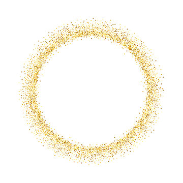 gold circle glitter frame. golden confetti dots round on white background. bright texture pattern fo
