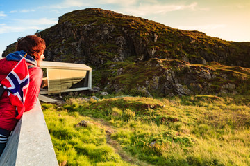 Poster - Andoya island sea coast and tourist with norwegian flag