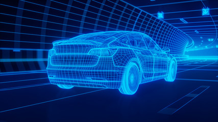 Wall Mural - Blue wireframe Modern Electric car rides through Blue tunnel 3d rendering