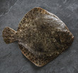 Raw whole flounder fish on dark stone background, top view.