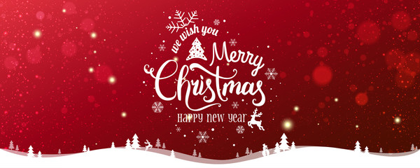 Wall Mural - Christmas and New Year Typographical on snowy Xmas background with winter landscape with snowflakes, light, stars. Merry Christmas