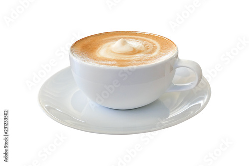 Photographie Hot coffee cappuccino latte in white cup with stirred spiral milk foam texture isolated on white background, clipping path included