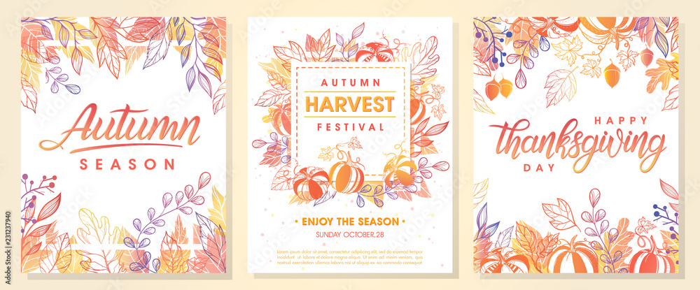 Autumn seasonals postes with autumn leaves and floral elements in fall colors.Autumn greetings cards perfect for prints,flyers,banners,invitations,promotions and more.Vector autumn illustration.. - obrazy, fototapety, plakaty 