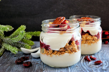 Wall Mural - cranberry granola parfaits in mason jars with a dark background