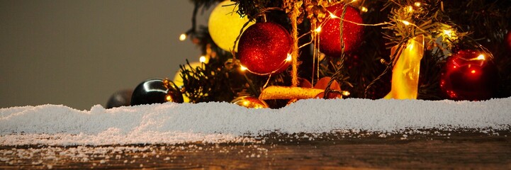 Poster - Composite image of wooden table with snow
