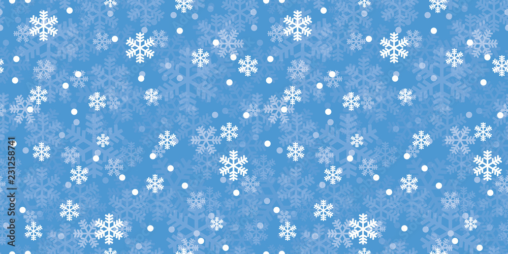 Blue Christmas snowflakes repeat pattern. Great for winter holidays wallpaper, backgrounds, invitations, packaging design projects. Surface pattern design. - obrazy, fototapety, plakaty 