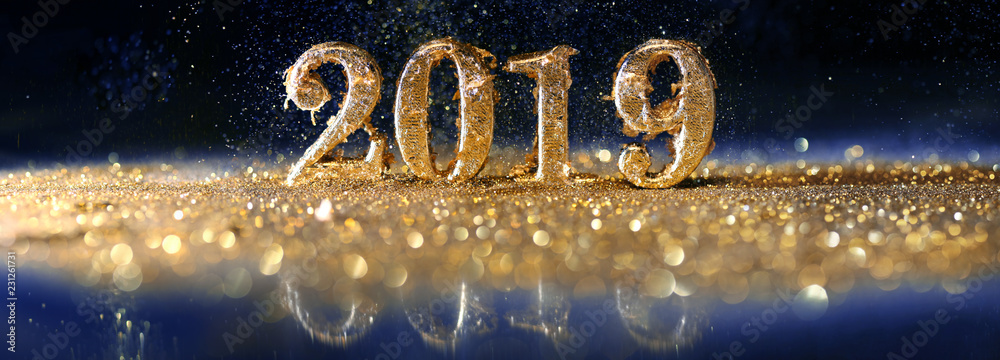 2019 in sparkling gold numbers celebrating the New Year - obrazy, fototapety, plakaty 