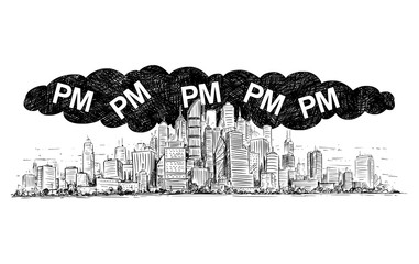 Sticker - Vector artistic pen and ink drawing illustration of high rise building and smog covering the city. Environmental concept of particulate matter or PM air pollution.