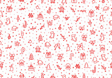 Winter Seamless Pattern Background With Red Christmas Festive Elements And Objects In Line Art