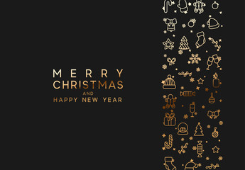 Wall Mural - Merry Christmas and happy new year. Black background with festive gold linear style