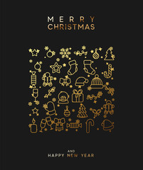 Wall Mural - Merry Christmas and happy new year. Black background with festive gold linear style