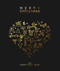 Wall Mural - Merry Christmas and happy new year. Black background with festive gold linear style